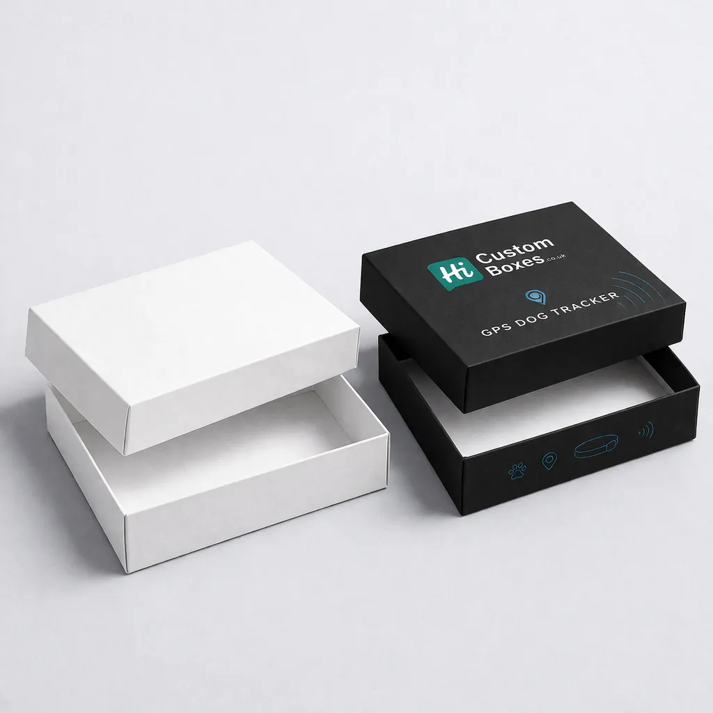 Two premium white rigid boxes with lids, one featuring custom blue and orange branding. class=